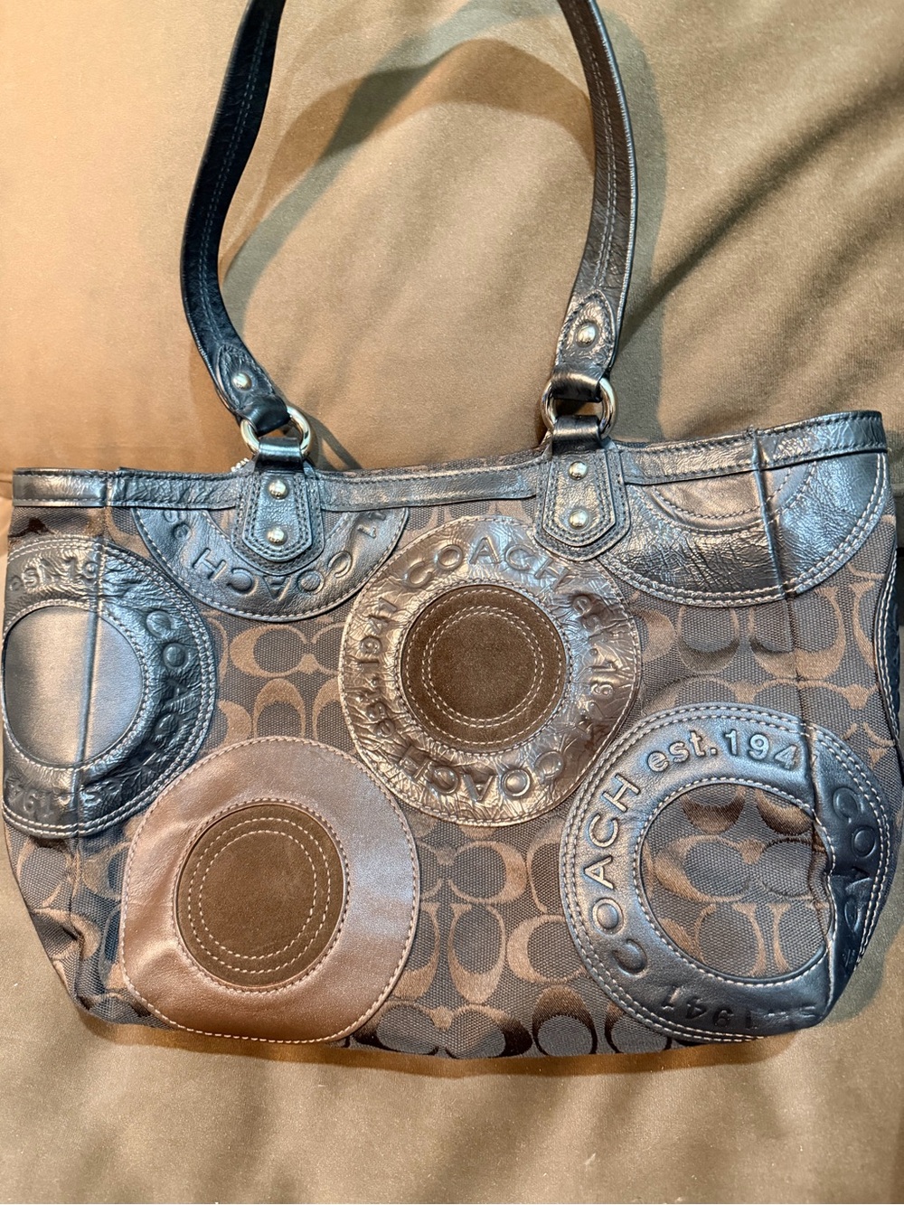Coach Brown and Black Signature Circle Patch Tote Vintage Authentic